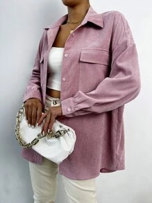 SHEIN Unity Flap Pocket Drop Shoulder Cord Blouse Women Shirt - Dusty Pink - View 2