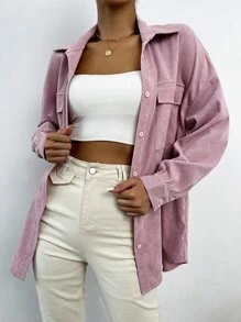 SHEIN Unity Flap Pocket Drop Shoulder Cord Blouse Women Shirt - Dusty Pink - View 4