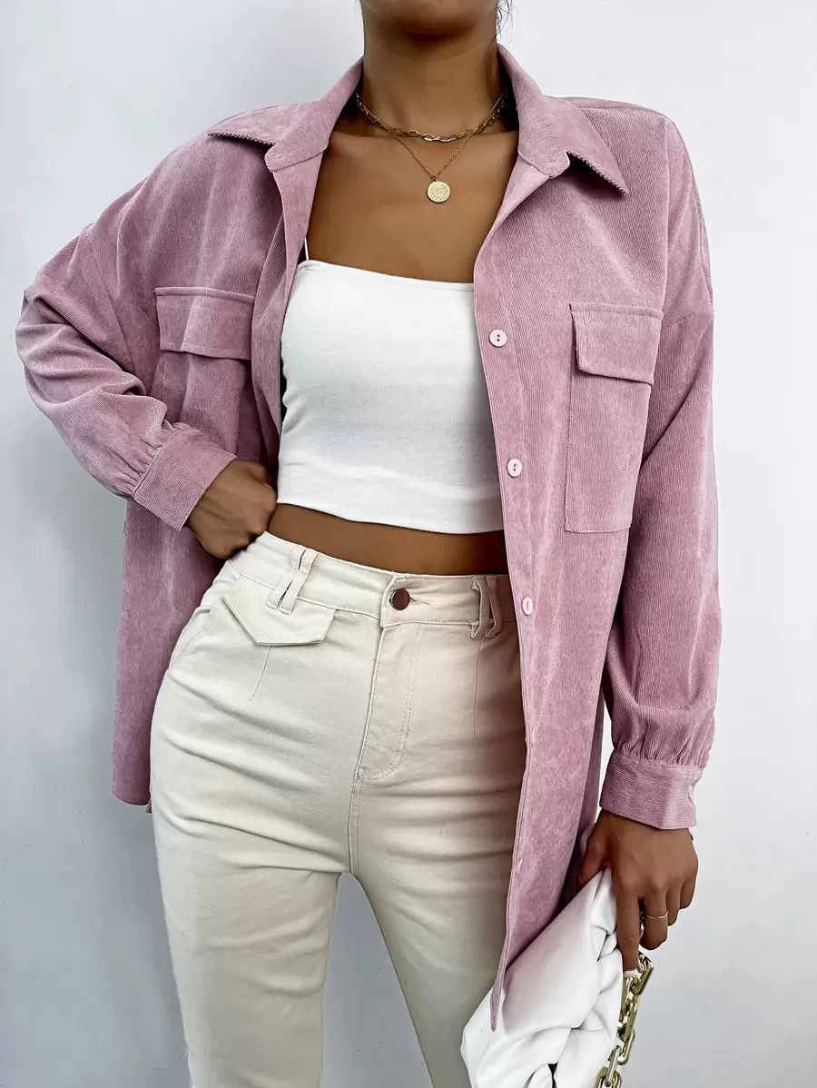 SHEIN Unity Flap Pocket Drop Shoulder Cord Blouse Women Shirt - Dusty Pink - View 1