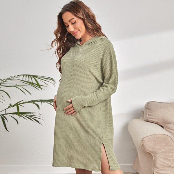 

Maternity Waffle Knit Hooded Split Hem Lounge Dress, Mint green