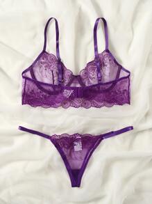 Embroidered Mesh Underwire Lingerie Set