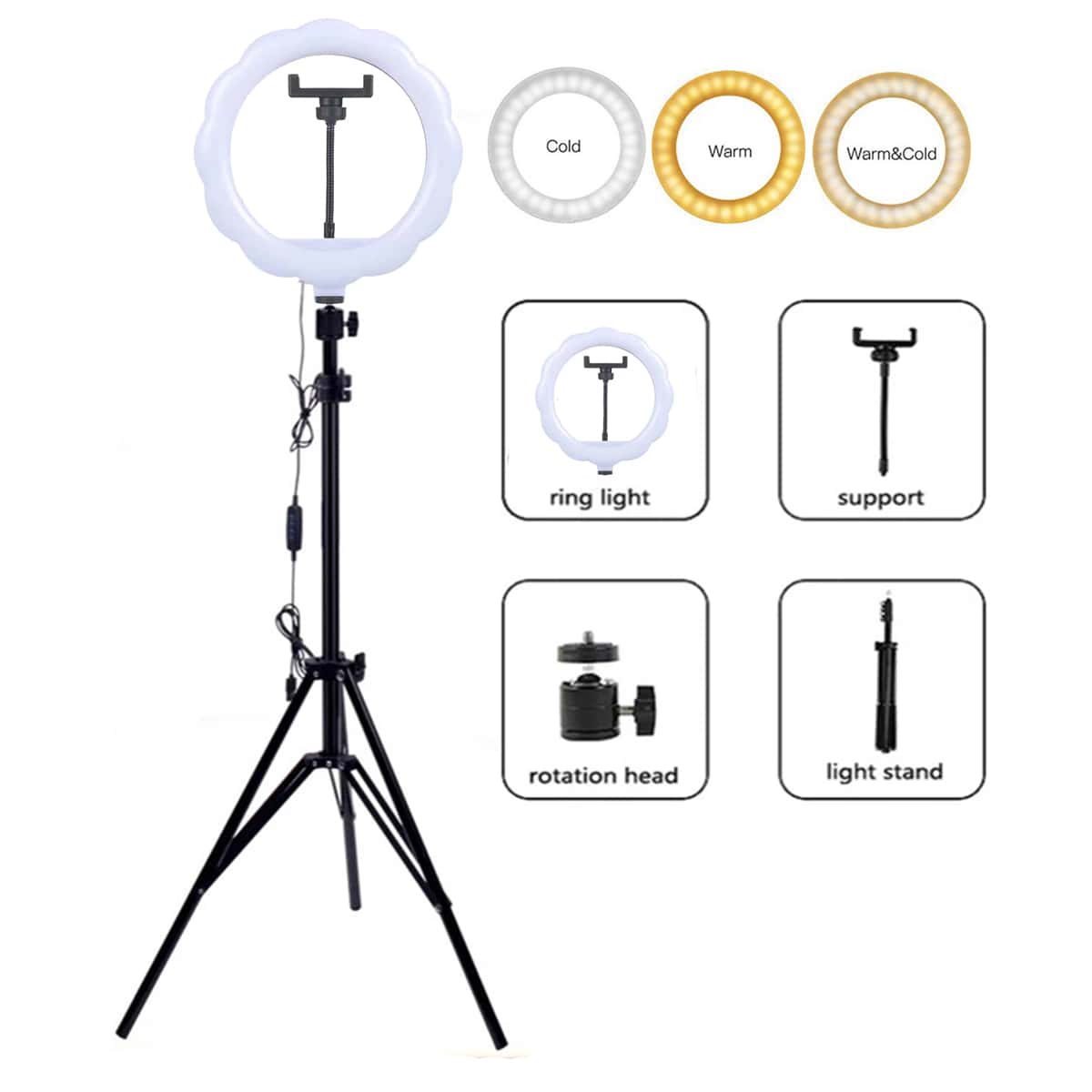 

10 Inch Floor Stand Live Fill Light With Phone Tripod Holder, Black
