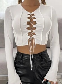 Chiquease 繫帶頂針短款T恤 - 白色 - 查看 1