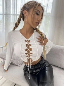 Chiquease 繫帶頂針短款T恤 - 白色 - 查看 3