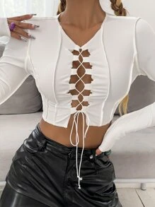 Chiquease 繫帶頂針短款T恤 - 白色 - 查看 4