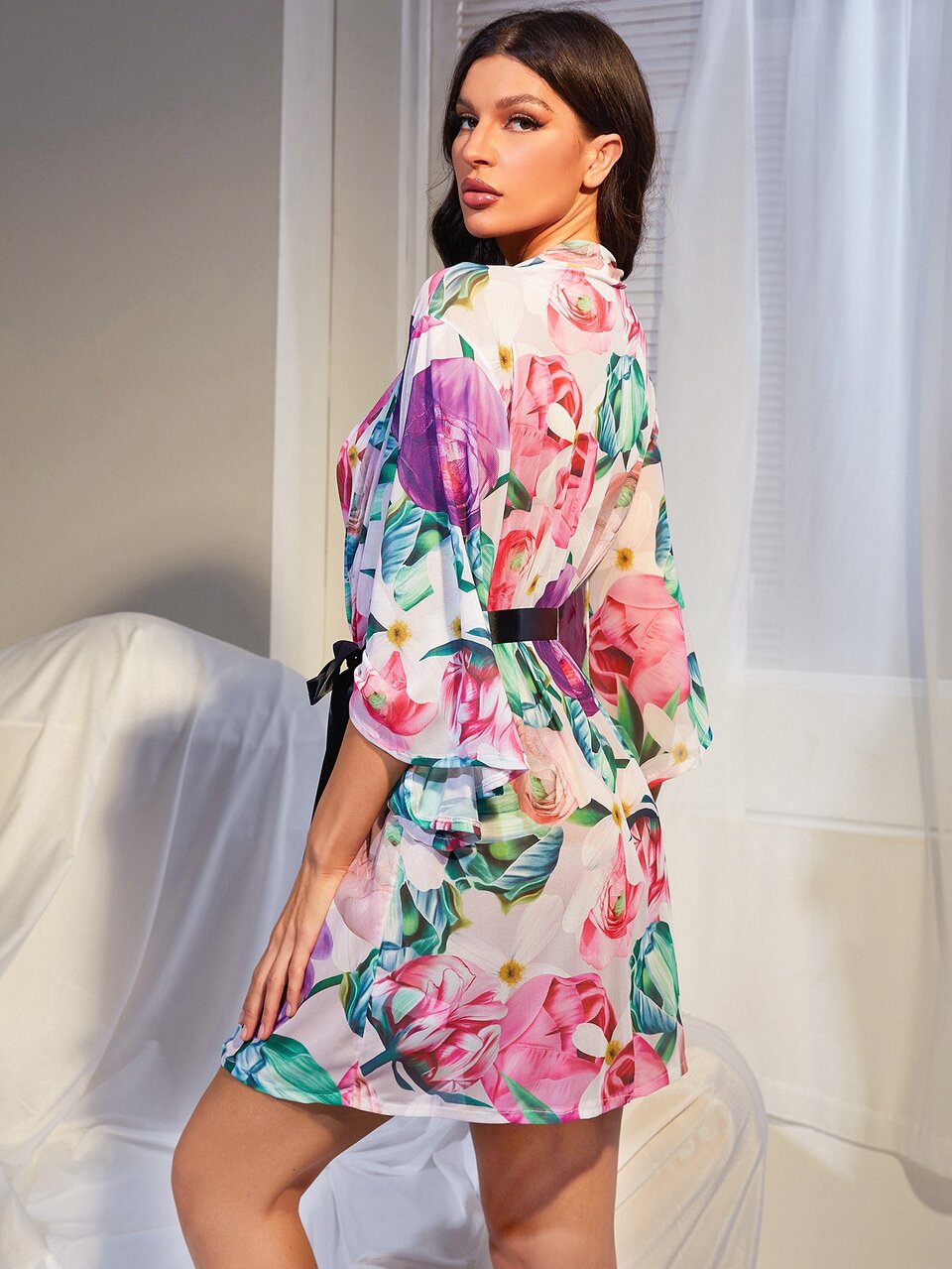 Floral Print Trumpet Sleeve Belted Mesh Night Robe PerfectSummer