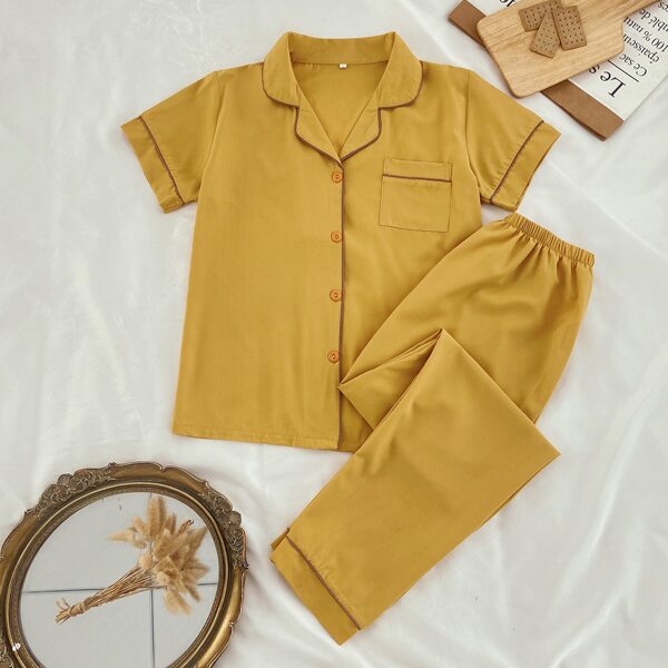 

Lapel Collar Binding Night Set, Mustard yellow