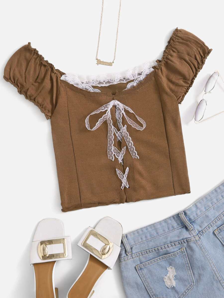 SHEIN Qutie Knit ngọn Tương phản ren viền lá sen Thắt nút Ren lên Khối Màu Giải trí - Cà phê nâu - Xem 1