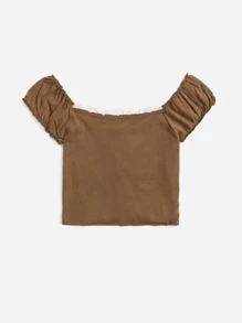 SHEIN Qutie Knit ngọn Tương phản ren viền lá sen Thắt nút Ren lên Khối Màu Giải trí - Cà phê nâu - Xem 2