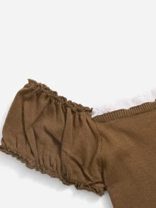 SHEIN Qutie Knit ngọn Tương phản ren viền lá sen Thắt nút Ren lên Khối Màu Giải trí - Cà phê nâu - Xem 3