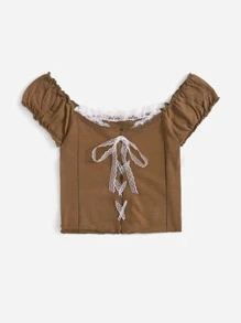 SHEIN Qutie Knit ngọn Tương phản ren viền lá sen Thắt nút Ren lên Khối Màu Giải trí - Cà phê nâu - Xem 4