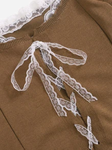 SHEIN Qutie Knit ngọn Tương phản ren viền lá sen Thắt nút Ren lên Khối Màu Giải trí - Cà phê nâu - Xem 5