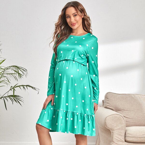 

Maternity Polka Dot Ruffle Hem Nursing Lounge Dress, Green