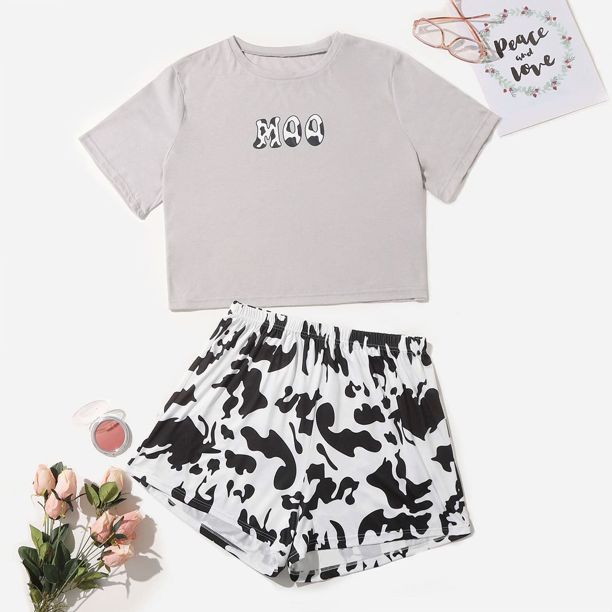 

Plus Letter And Cow Print Tee & Shorts PJ Set, Multicolor