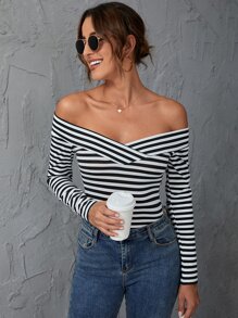 Firerie 條紋印花一字肩T恤 - 黑與白 - 查看 9