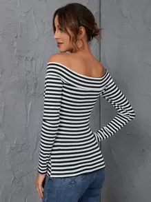 Firerie 條紋印花一字肩T恤 - 黑與白 - 查看 2