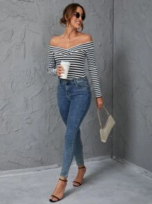 Firerie 條紋印花一字肩T恤 - 黑與白 - 查看 4