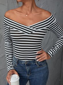 Firerie 條紋印花一字肩T恤 - 黑與白 - 查看 5