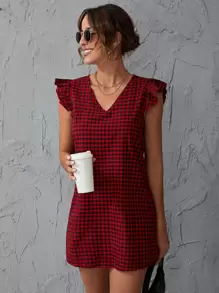 SHEIN Clasi 雙色格子花邊袖口直筒連衣裙 - 紅色 - 查看 1