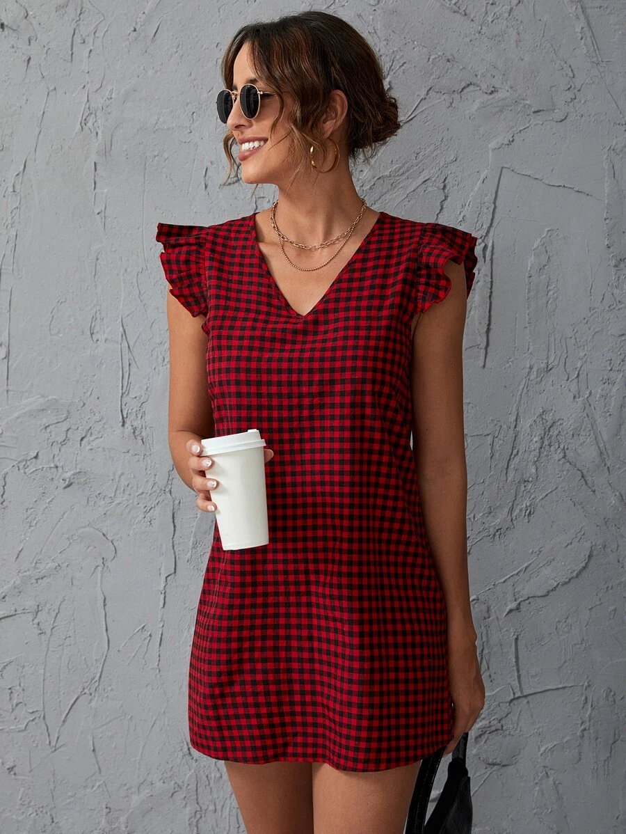 SHEIN Clasi 雙色格子花邊袖口直筒連衣裙 - 紅色 - 查看 1