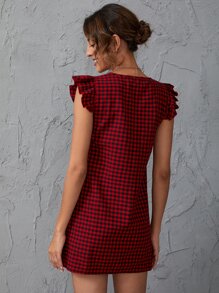 SHEIN Clasi 雙色格子花邊袖口直筒連衣裙 - 紅色 - 查看 2