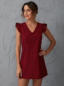 SHEIN Clasi 雙色格子花邊袖口直筒連衣裙 - 紅色 - 查看 3