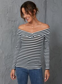 Firerie 條紋印花一字肩T恤 - 黑與白 - 查看 6