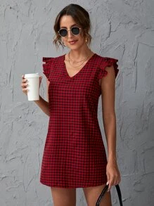 SHEIN Clasi 雙色格子花邊袖口直筒連衣裙 - 紅色 - 查看 4