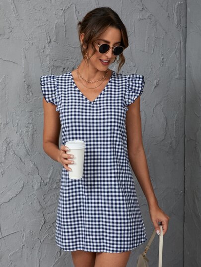 SHEIN LUNE 雙色格子花邊袖口直筒連衣裙