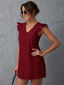 SHEIN Clasi 雙色格子花邊袖口直筒連衣裙 - 紅色 - 查看 5