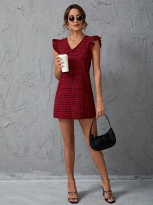 SHEIN Clasi 雙色格子花邊袖口直筒連衣裙 - 紅色 - 查看 6