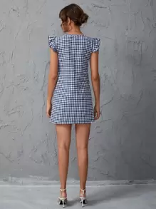 SHEIN LUNE 雙色格子花邊袖口直筒連衣裙 - 藍白色 - 查看 4