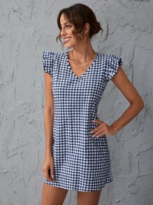 SHEIN LUNE 雙色格子花邊袖口直筒連衣裙 - 藍白色 - 查看 6