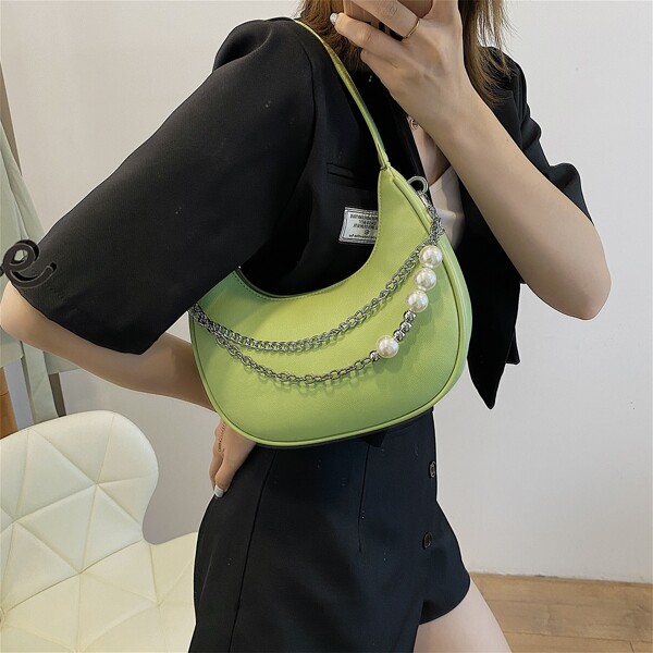 

Faux Pearls & Chain Decor Shoulder Bag, Green
