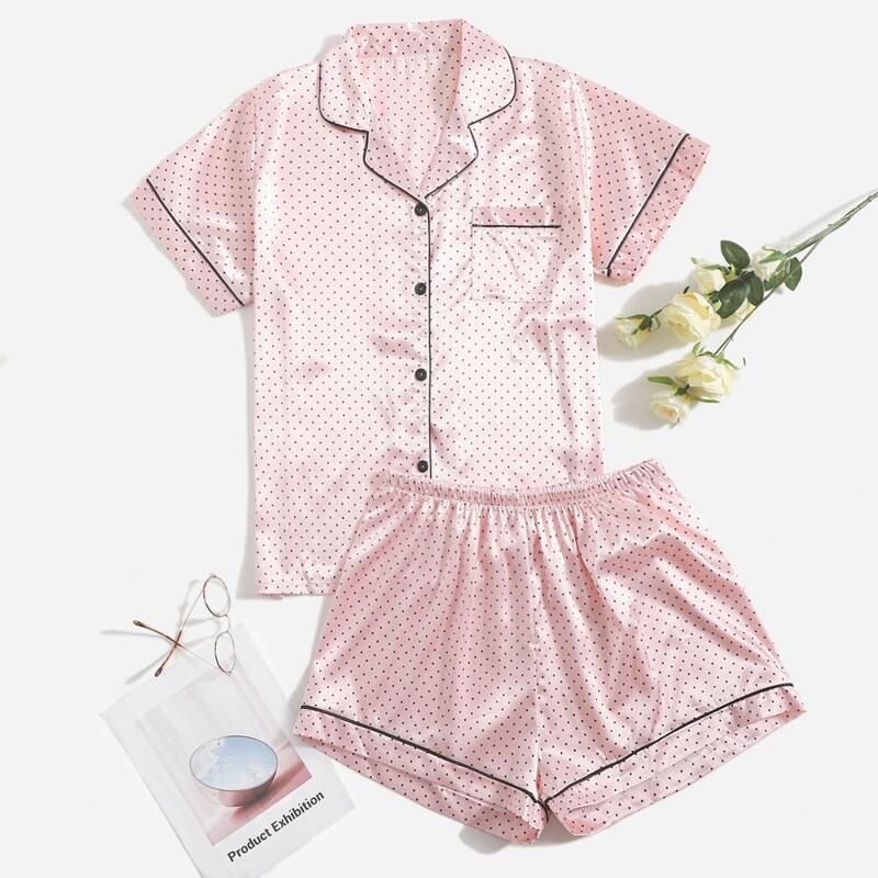 

Plus Polka Dot Contrast Piping Pocket Front Satin PJ Set, Baby pink