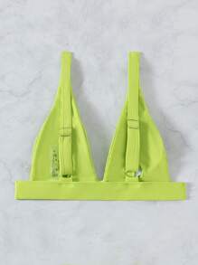 SHEIN Swim Summer Beach Plain Ribbed V Neck Bikini Top - Lime Green - View 2