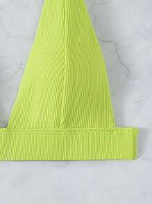 SHEIN Swim Summer Beach Plain Ribbed V Neck Bikini Top - Lime Green - View 6