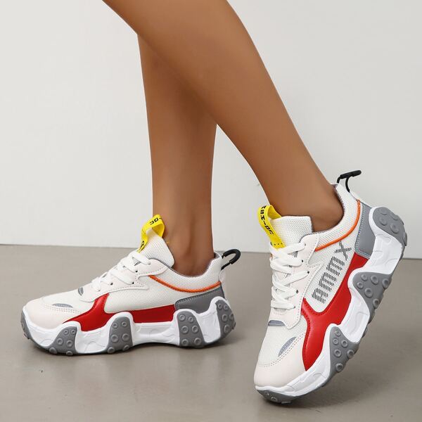 

Colorblock Mesh Panel Chunky Sneakers, Red and white