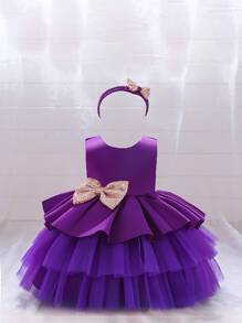 Trang phục tiệc cho bé gái Nơ Bướm Tương phản Mesh ghép mộng kim sa phân lớp Dây kéo màu trơn Hấp dẫn - Màu tím - Xem 1