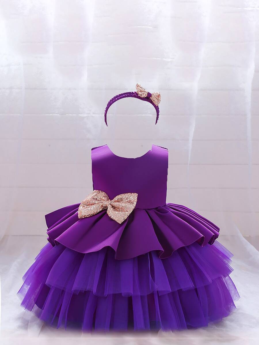 Trang phục tiệc cho bé gái Nơ Bướm Tương phản Mesh ghép mộng kim sa phân lớp Dây kéo màu trơn Hấp dẫn - Màu tím - Xem 1