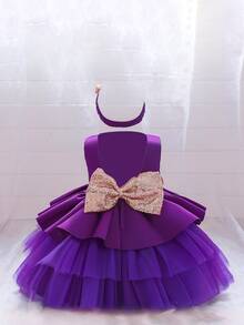 Trang phục tiệc cho bé gái Nơ Bướm Tương phản Mesh ghép mộng kim sa phân lớp Dây kéo màu trơn Hấp dẫn - Màu tím - Xem 2
