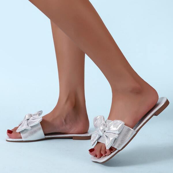 

Metallic Bow Decor Slide Sandals, Silver