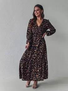 SHEIN Clasi Vestido de leopardo de cuello cruzado bajo con fruncido - Multicolor - Ver 3