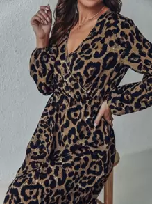 SHEIN Clasi Vestido de leopardo de cuello cruzado bajo con fruncido - Multicolor - Ver 5
