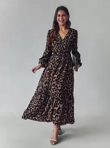 SHEIN Clasi Vestido de leopardo de cuello cruzado bajo con fruncido - Multicolor - Ver 1