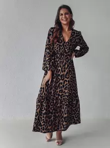SHEIN Clasi Vestido de leopardo de cuello cruzado bajo con fruncido - Multicolor - Ver 6