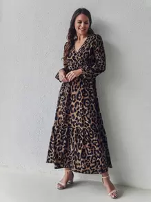 SHEIN Clasi Vestido de leopardo de cuello cruzado bajo con fruncido - Multicolor - Ver 4