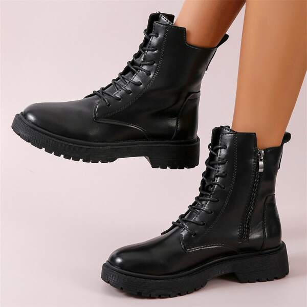 

Minimalist Side Zipper Combat Boots, Black