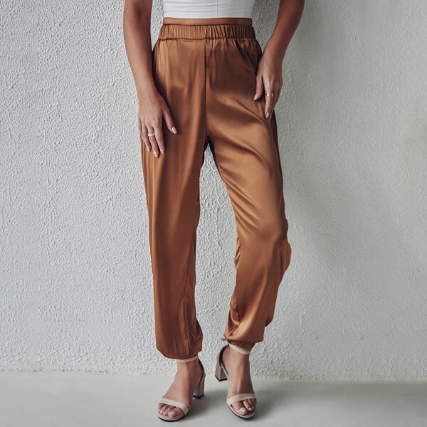 

Satin Solid Carrot Pants, Brown