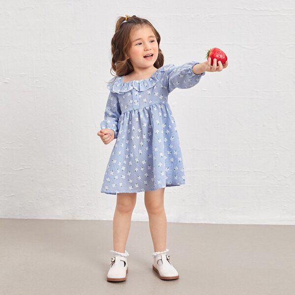 

Toddler Girls Pinstriped Allover Floral Print Ruffle Trim Babydoll Dress, Dusty blue